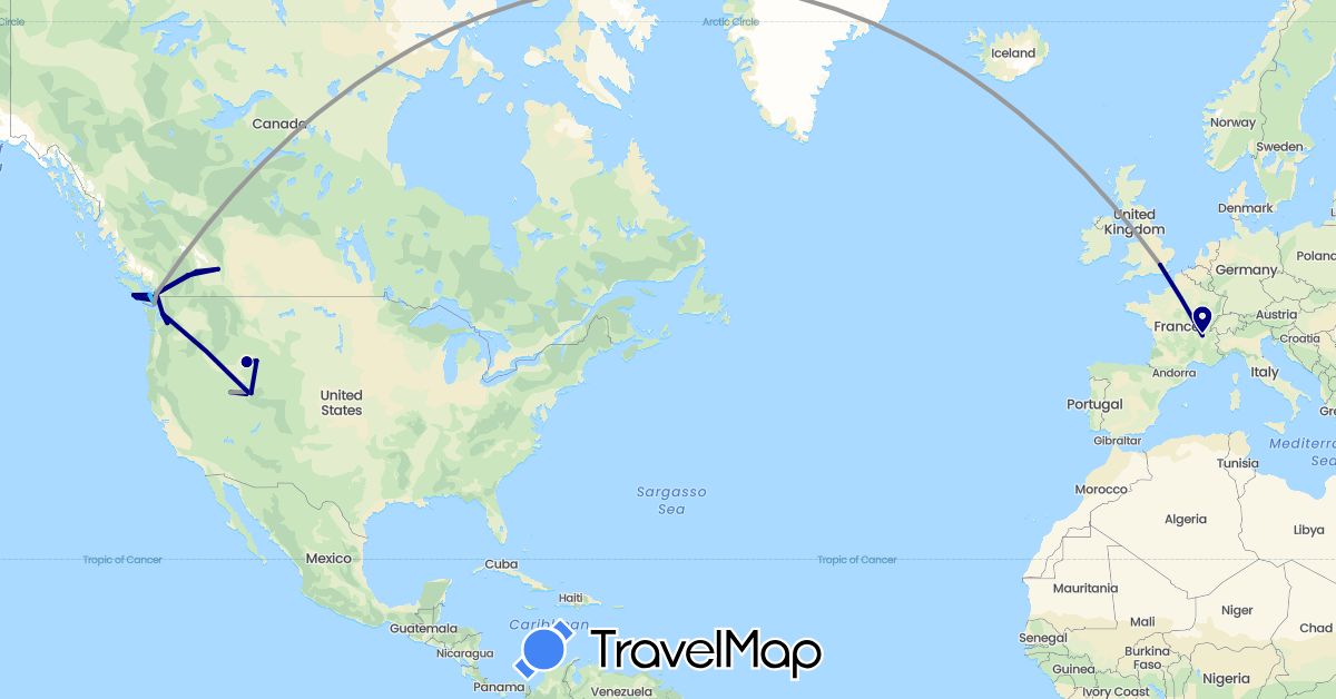 TravelMap itinerary: driving, plane, boat in Canada, France, United Kingdom, United States (Europe, North America)