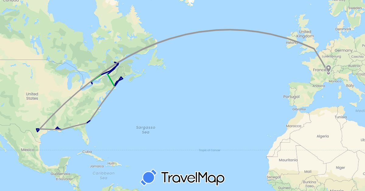 TravelMap itinerary: driving, bus, plane in Canada, France, United Kingdom, United States (Europe, North America)